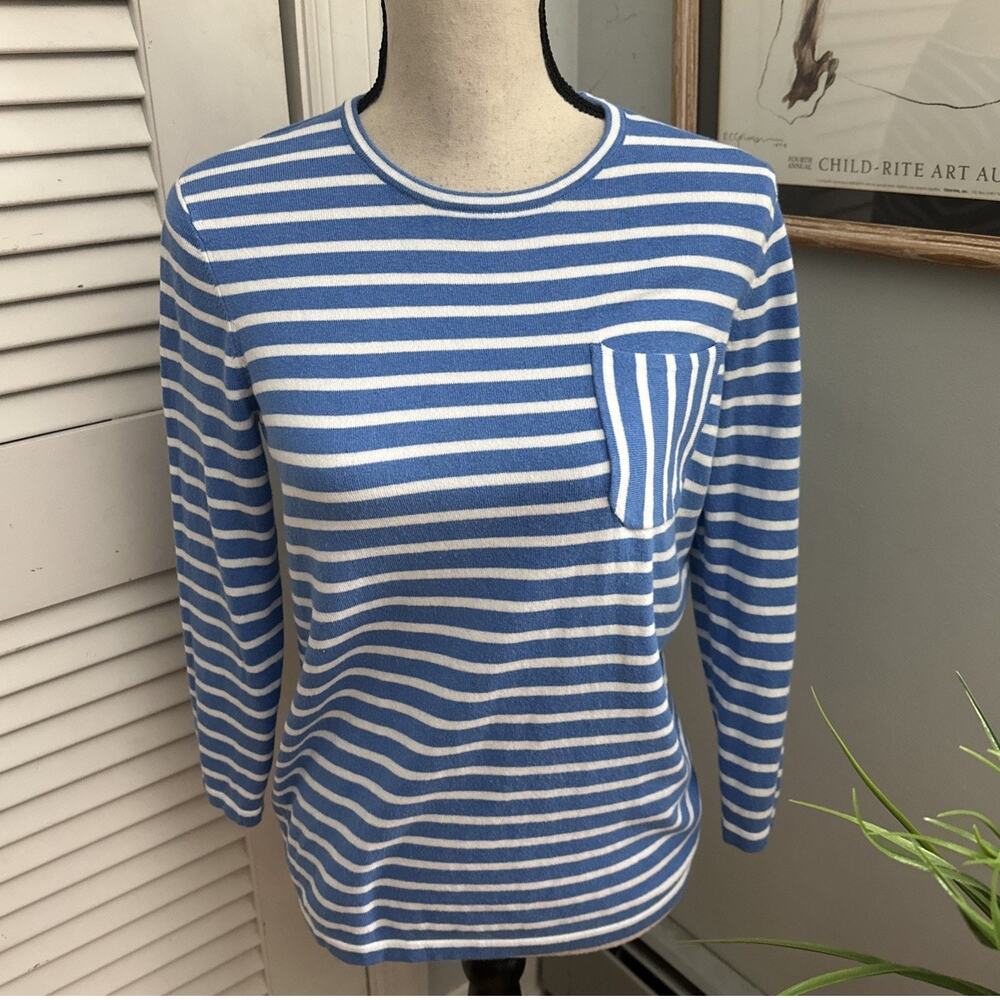 J Mclaughlin Sweater Womens XS Blue White Striped Lightweight Preppy Nautical